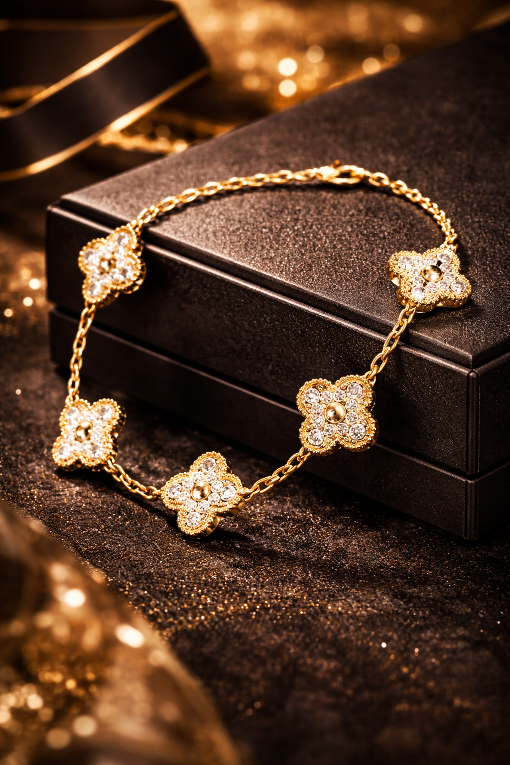 Van Cleef Alhambra bracelet with diamonds on dark luxury box